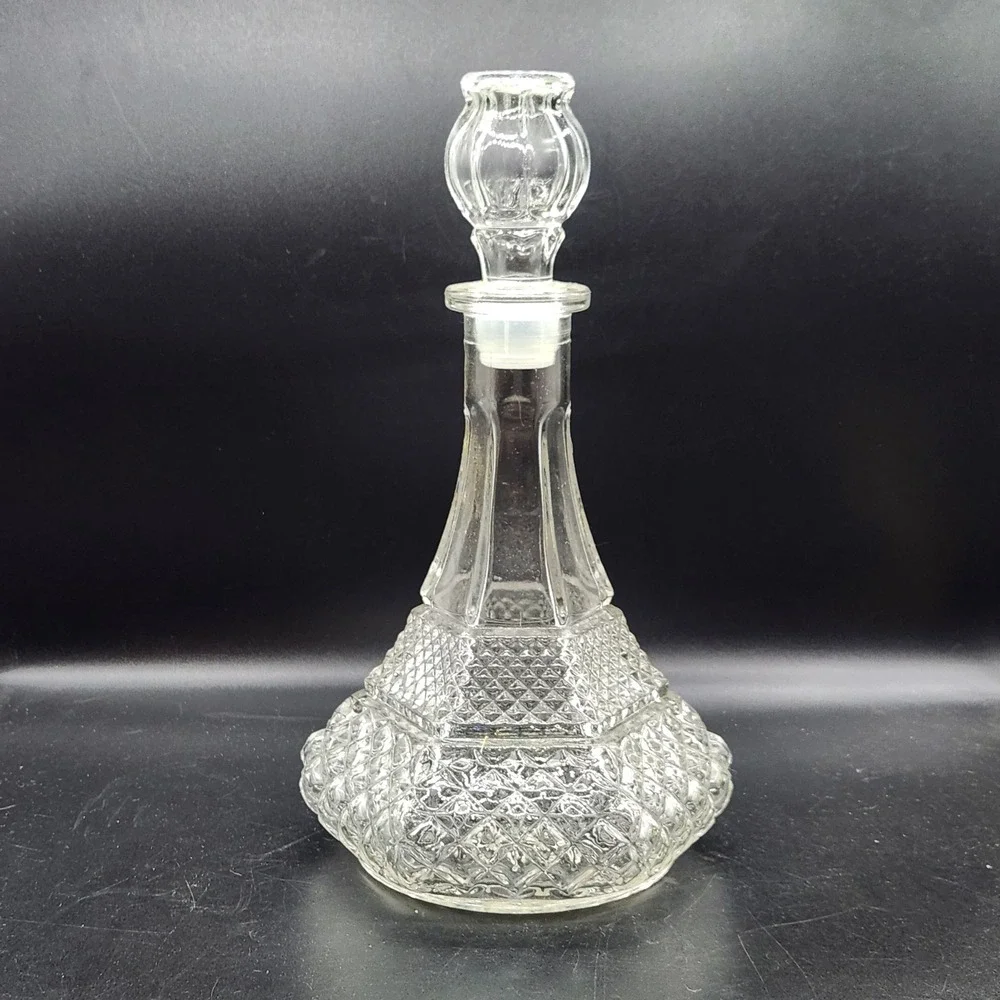 Vintage Clear Pressed Glass Decanter Diamond Point Pattern with Stopper